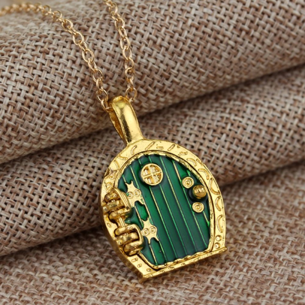 Gold Hobbit Hole, Lord of‎ The Rings Pendant Locket Necklace - Green Door